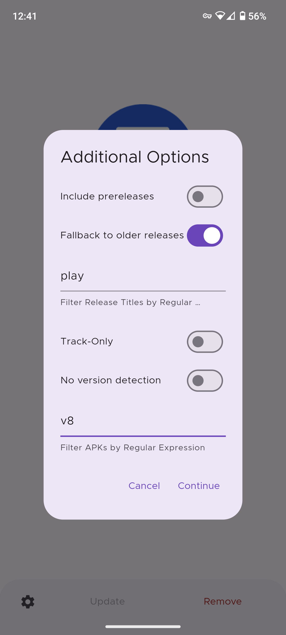 A screenshot of the Obtainium app showing an Additional Options popup