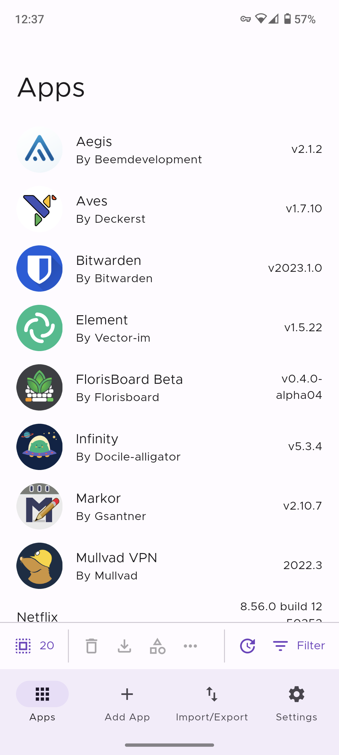 A screenshot showing a list of apps in Obtainium