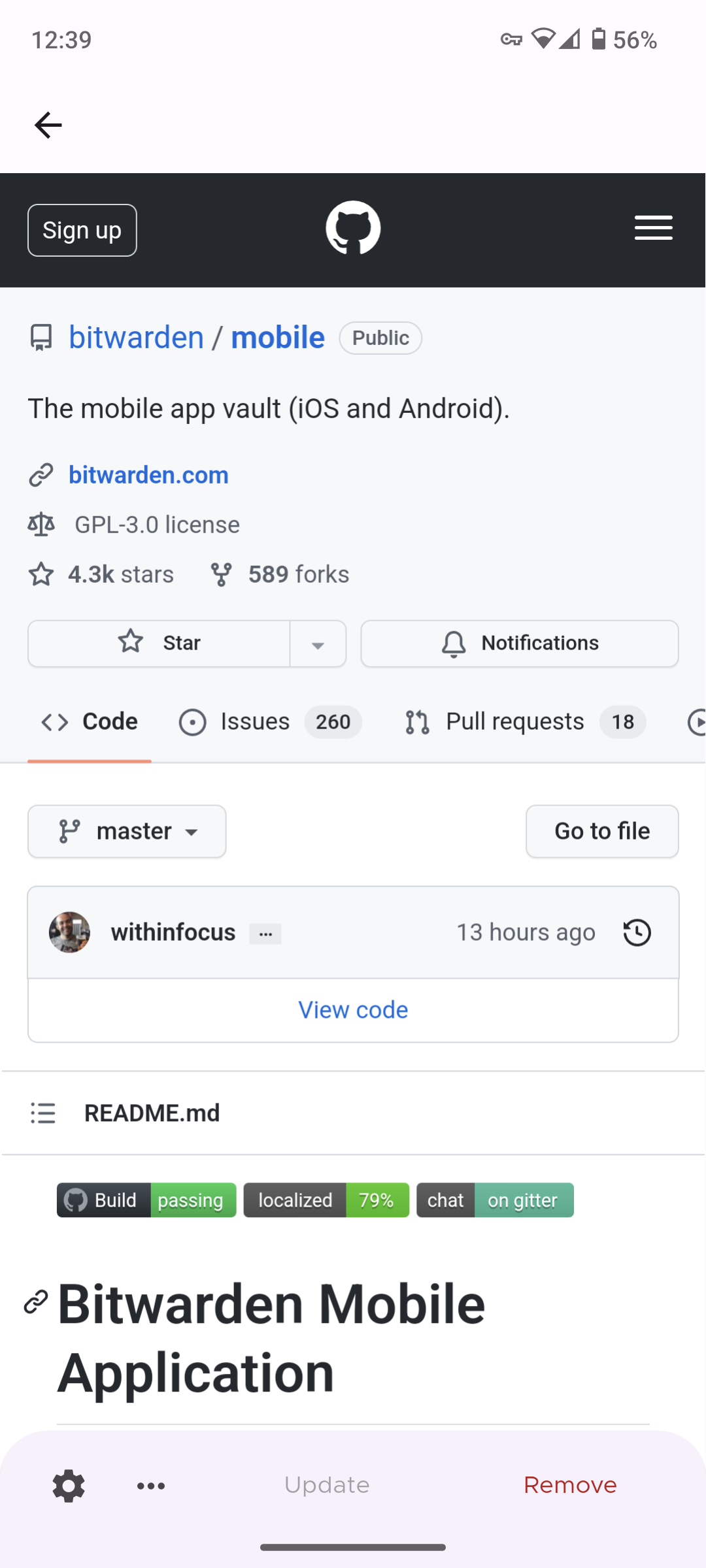An Obtainium screenshot showing GitHub view for Bitwarden