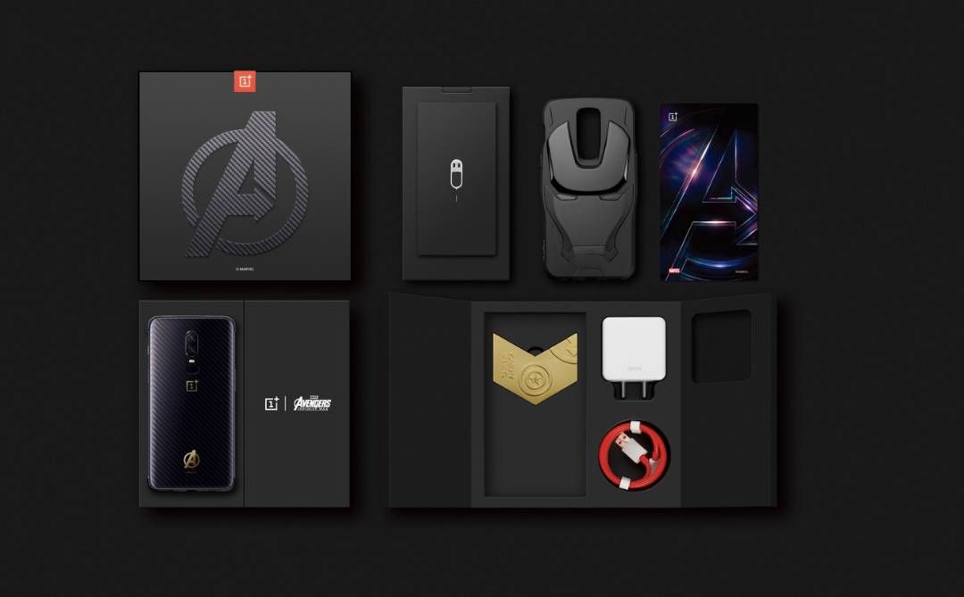 A photo of the OnePlus 6 Infinity War Edition and its accessories