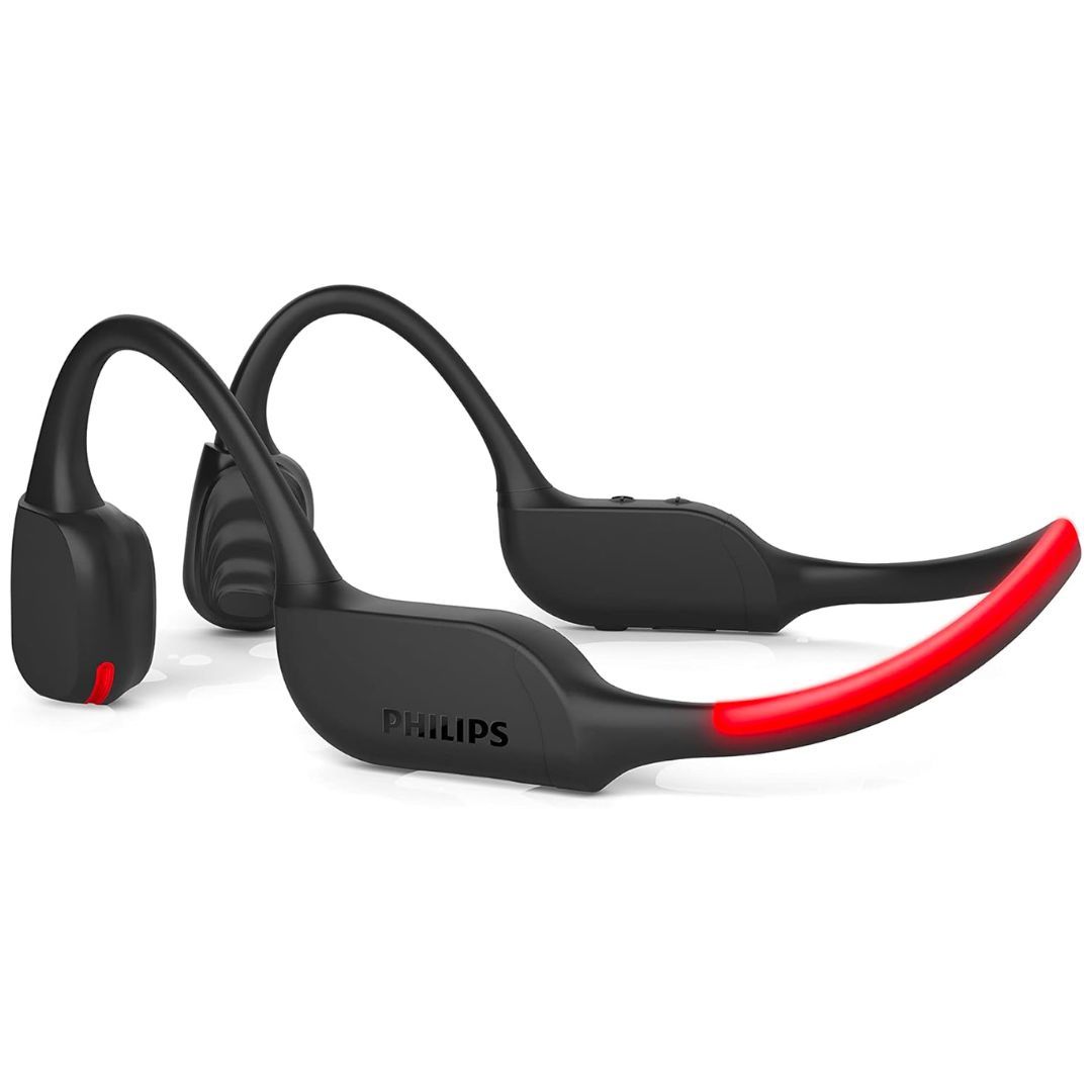 The Philips Go A7607 bone condution headphones in black and red color on a white background