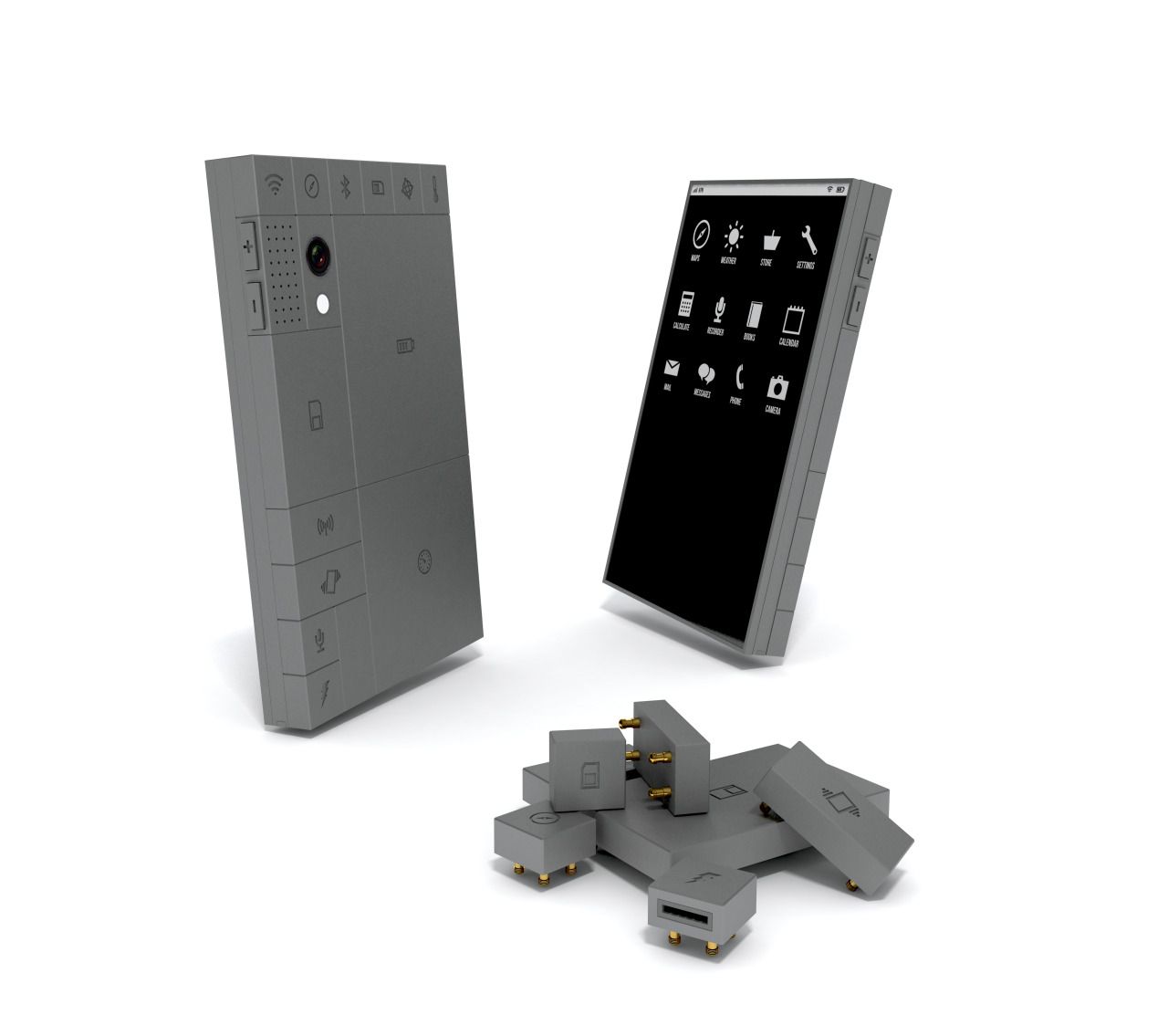 A render of the front, back, and modules of a Phonebloks concept