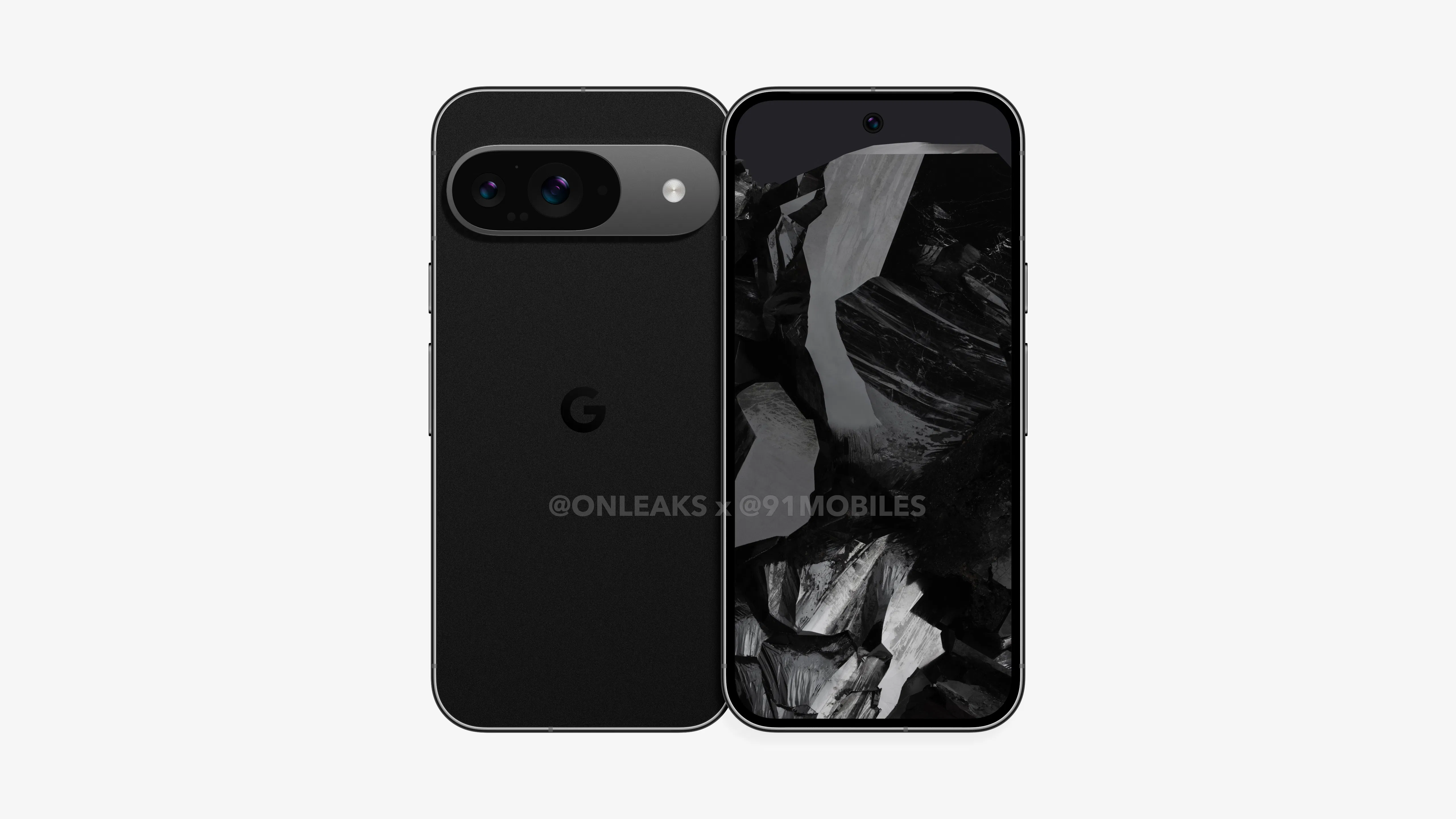 Render of the standard Pixel 9, shown from the front and rear