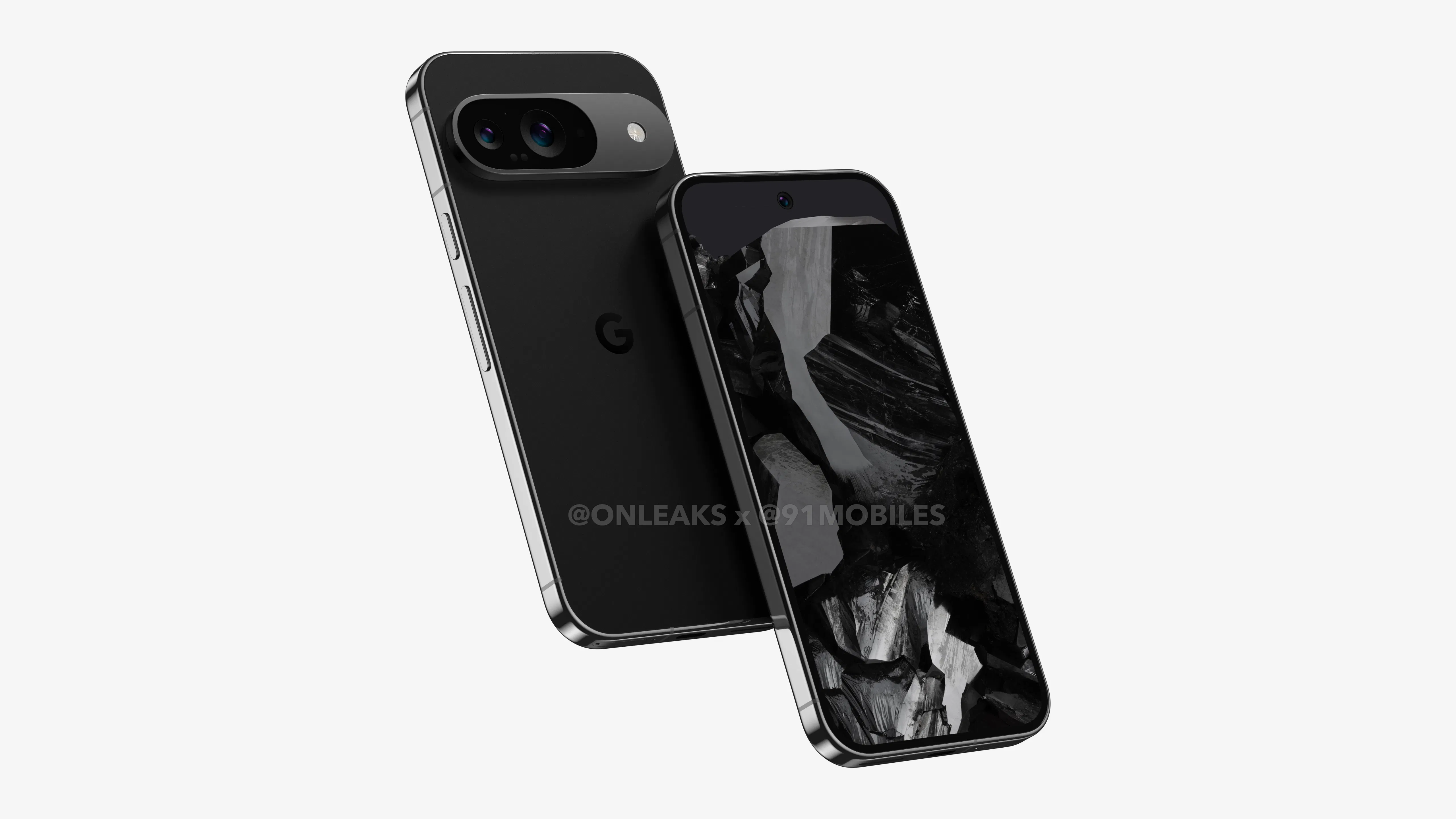 Render of the standard Pixel 9, shown from the front and rear at a slight angle