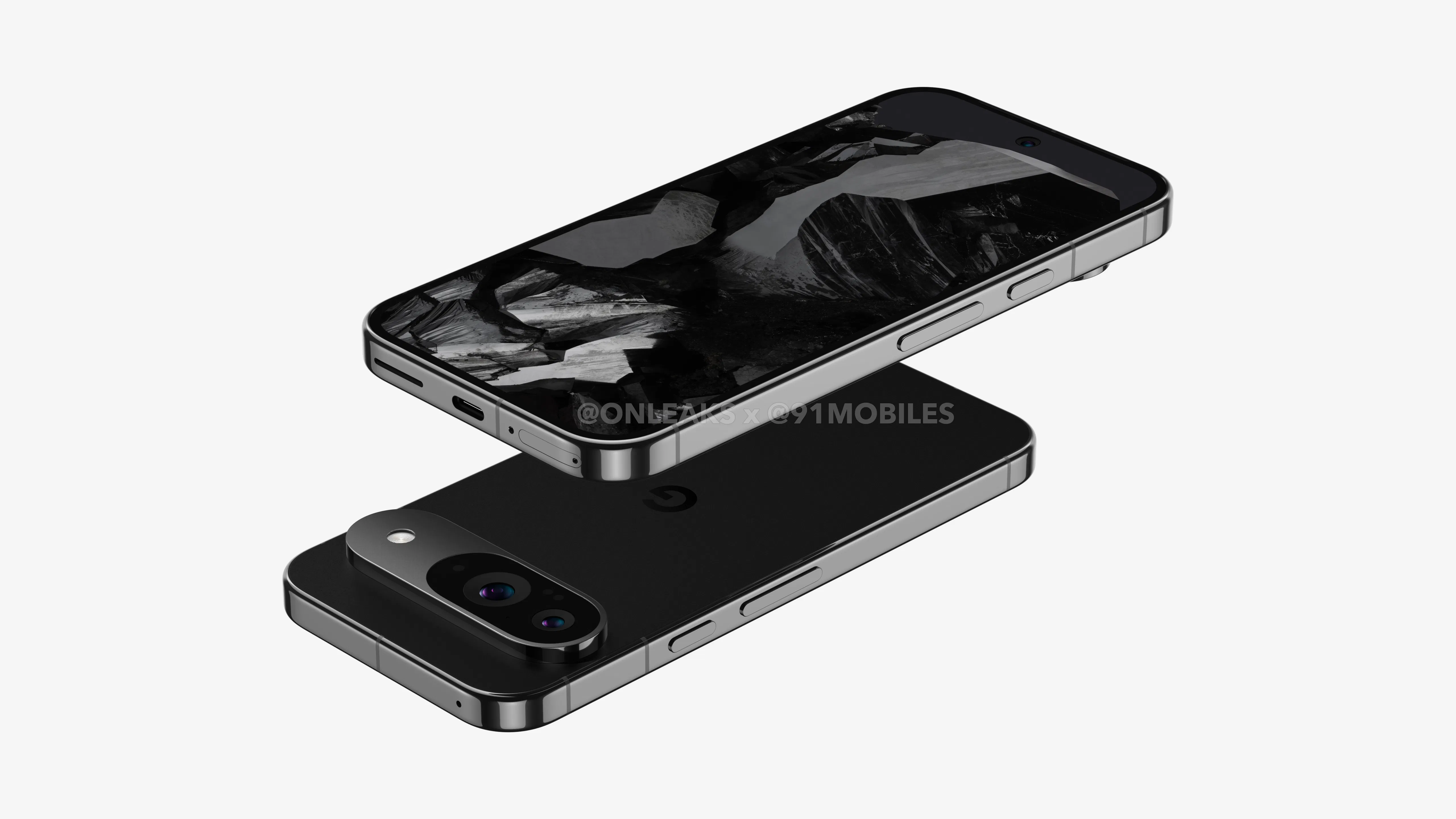 Renders of the standard Pixel 9, with one face-up and the other face-down