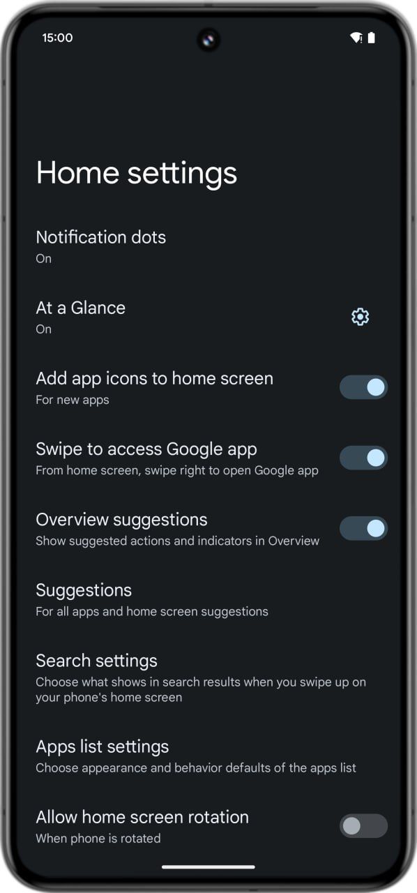 A screenshot of Pixel Launcher settings in Android 15 Developer Preview 2