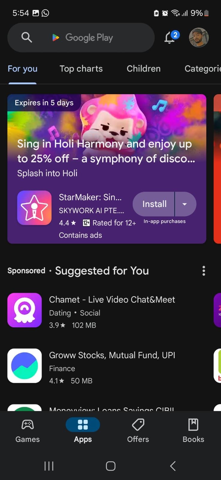 Screenshot showing Play Store app homepage