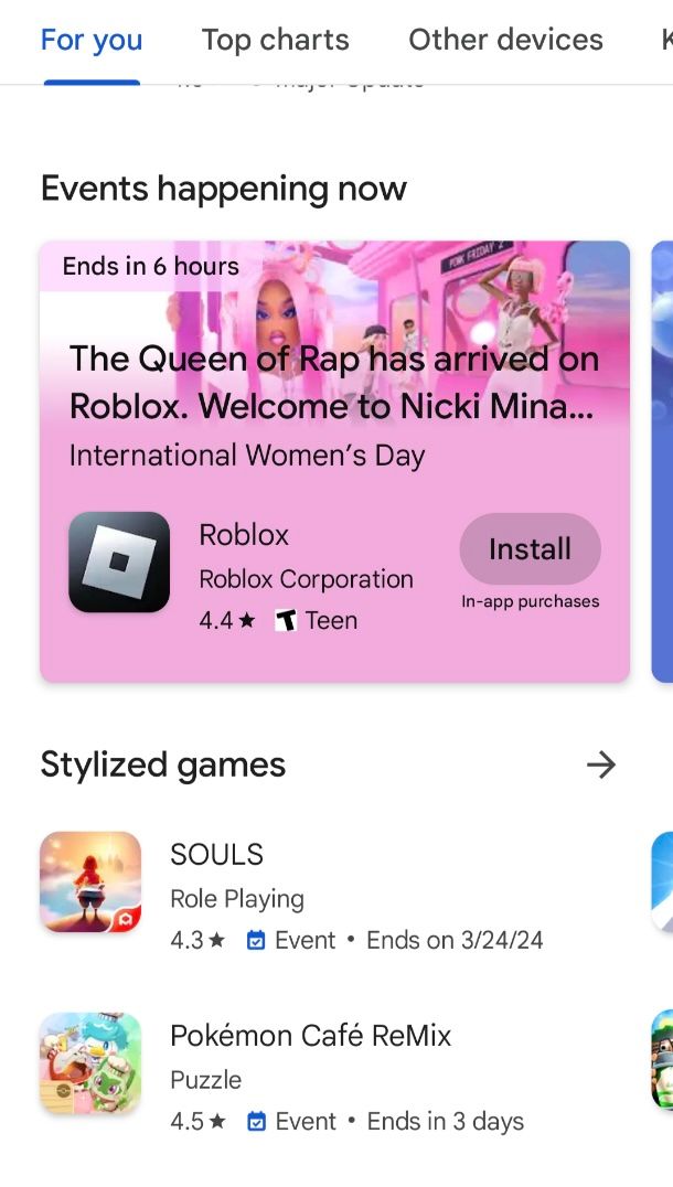 Play Store screenshot showing For You Nicki Minaj Roblox ad