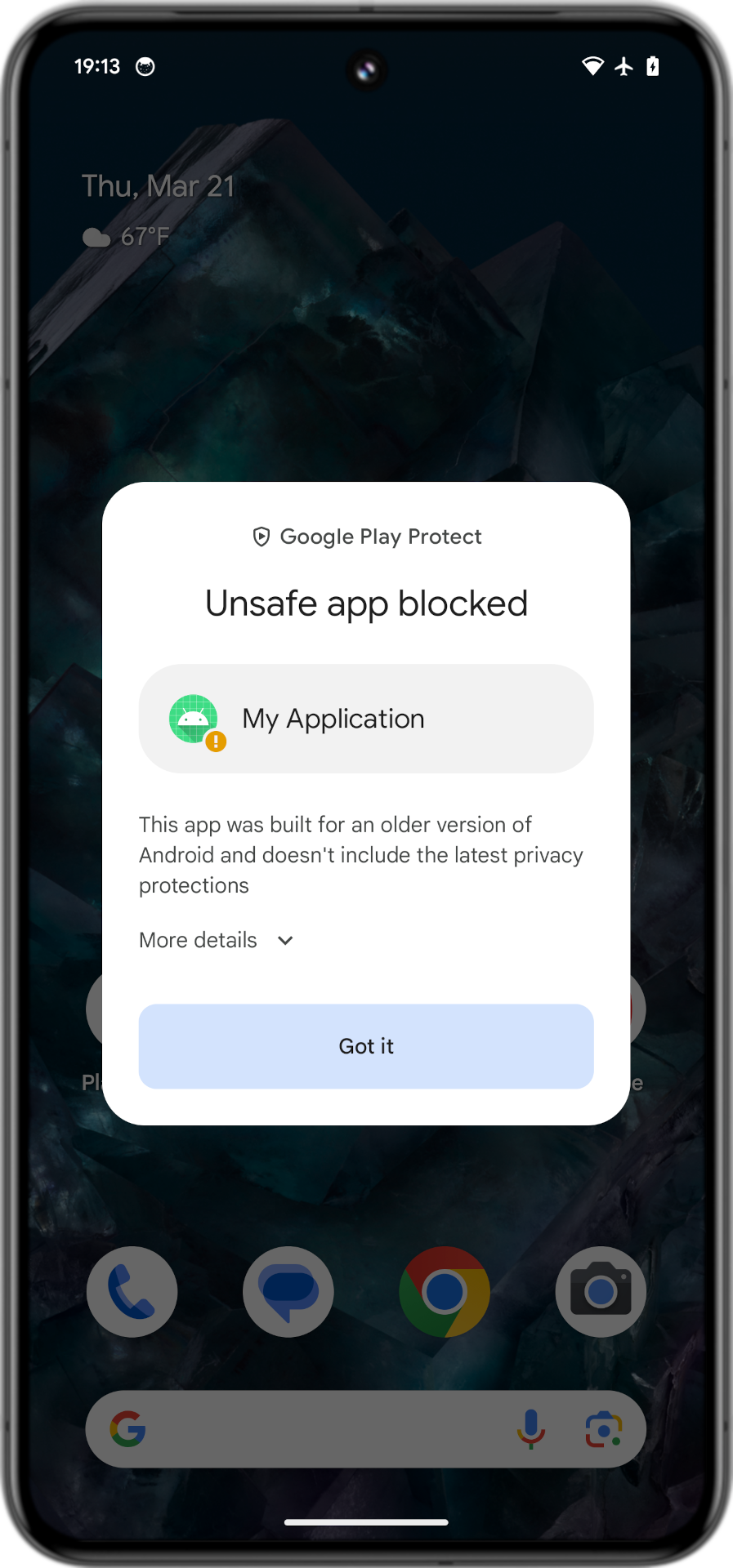 Screenshot showing the Google Play Protect "Unsafe app blocked" dialog when attempting to sideload an app with a lower-than-minimum SDK target