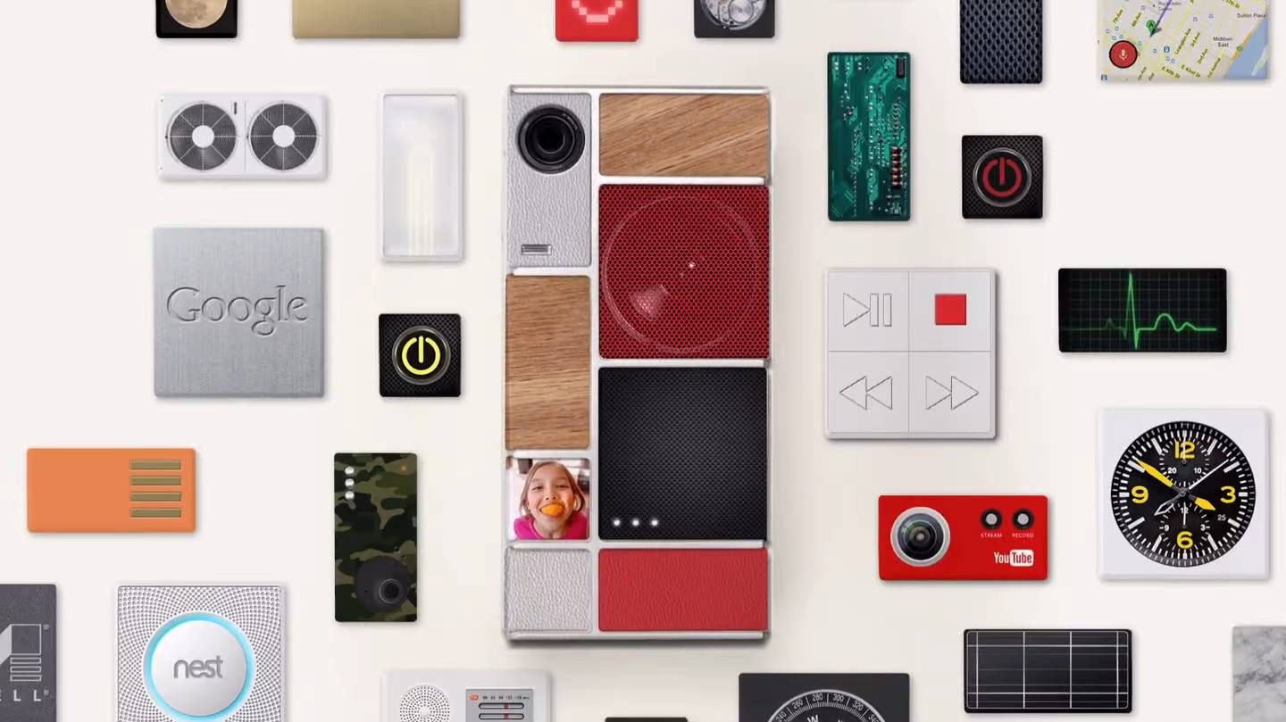 A render of a Project Ara concept surrounded with various smart devices, widgets, smartphones, and icons