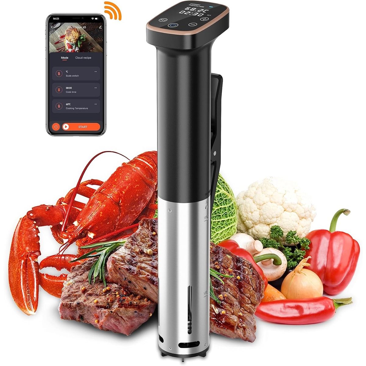 The RidoHusi Sous Vide Cooker and a smartphone against a white background