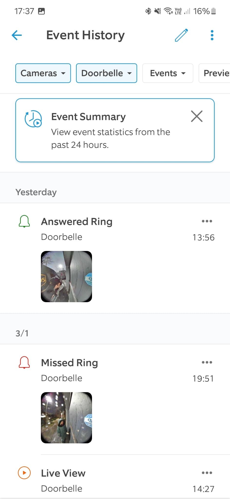 Ring Battery Doorbell Pro Event History