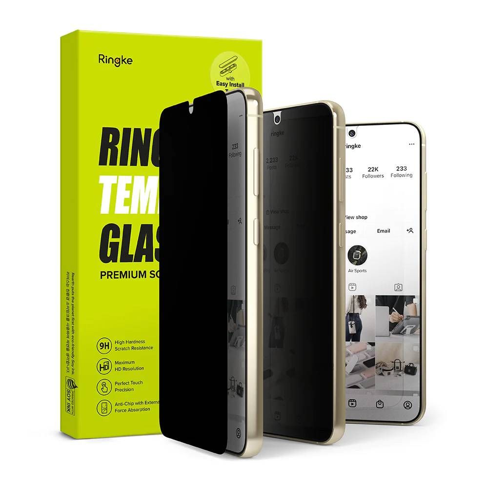 A render of the Ringke Easy Slide Privacy screen protector for the Galaxy S24+, and its box