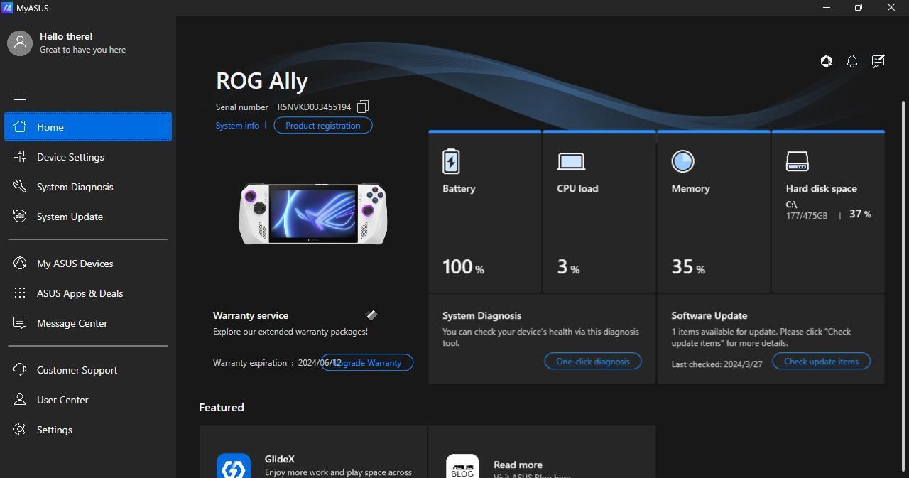 ROG Ally MyASUS app side menu screenshot