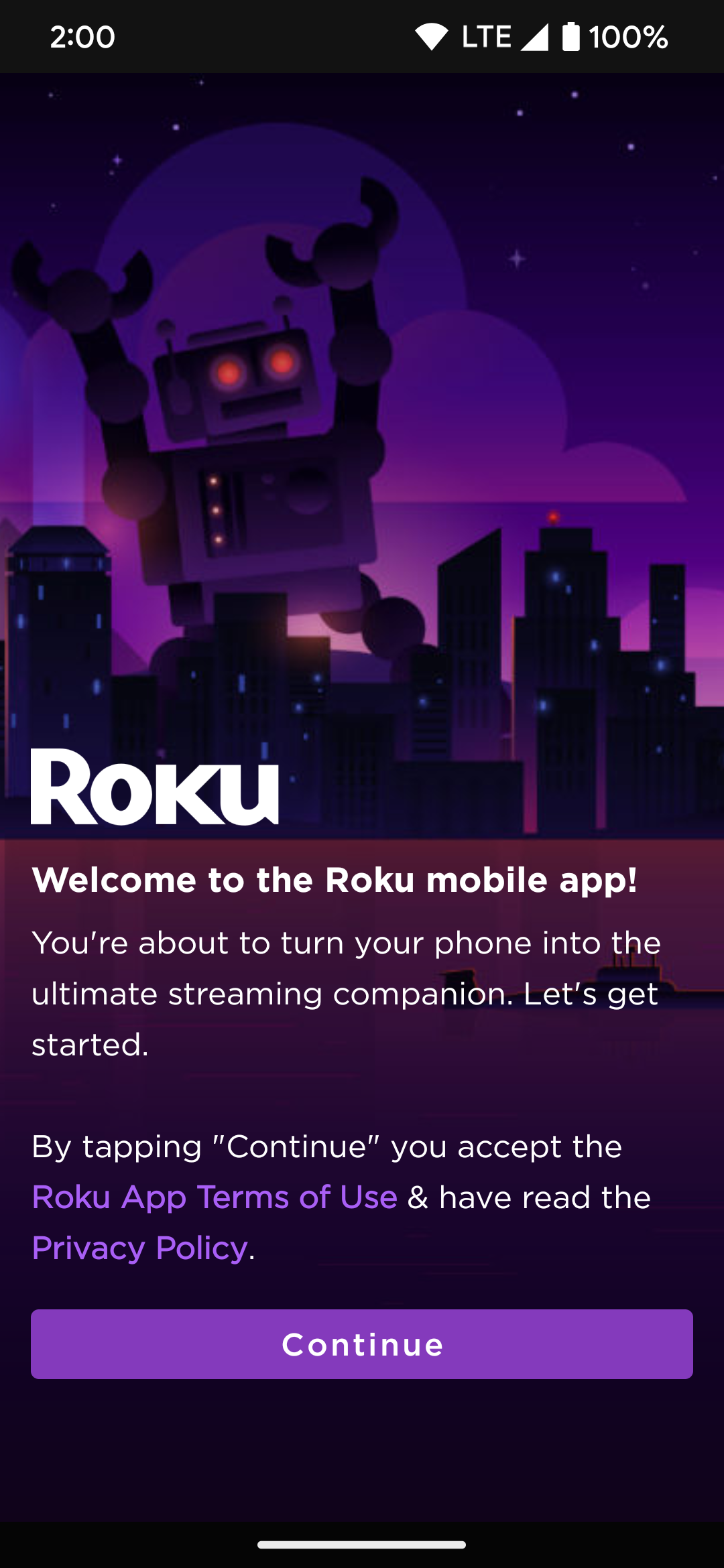 The Roku app setup welcome page appears the first time you open the app.