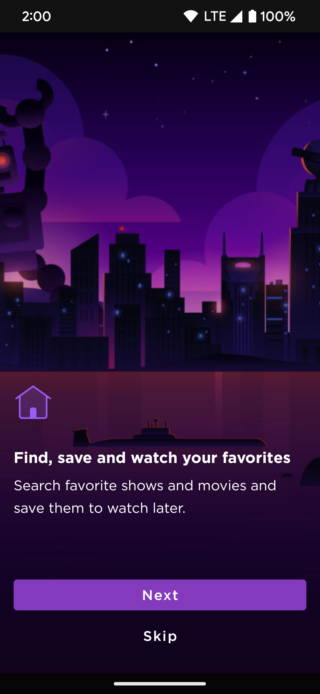 Roku app setup page. It shows that you can use the app to search, save, and watch your favorite shows.