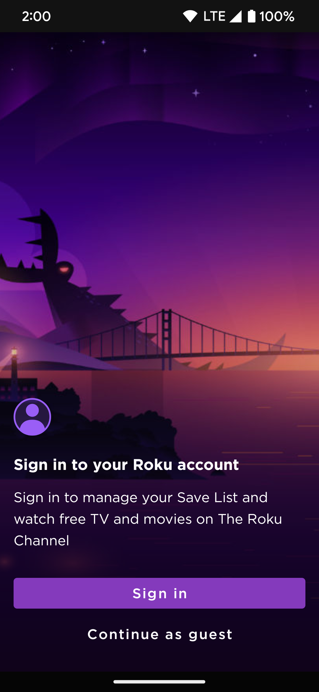 The Roku app setup page that displays sign-in options for your Roku account.