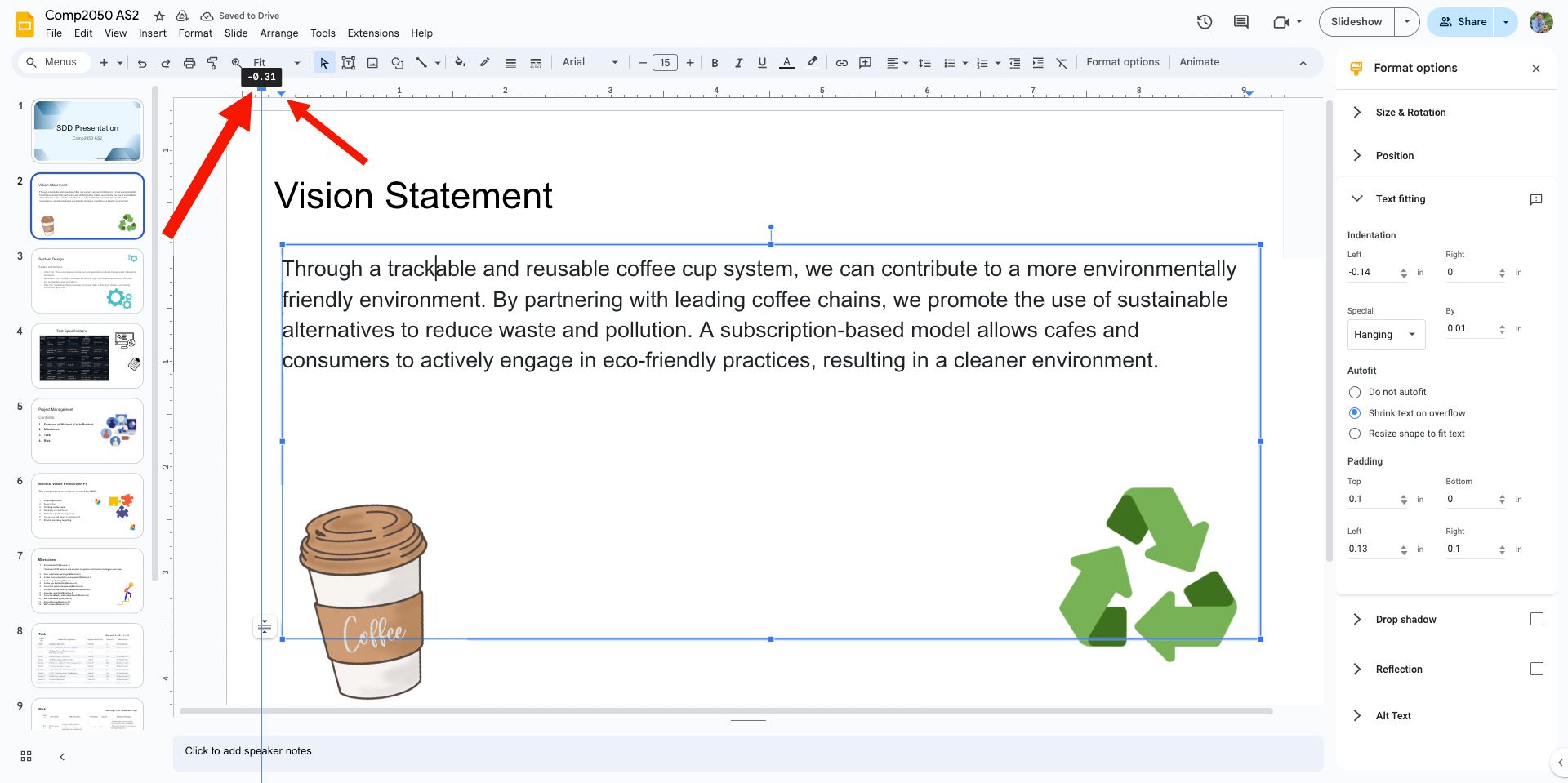 A screenshot showing the Google Slides interfacewith a red arrow pointing to a ruler at the top that indicates hanging indentation for the text