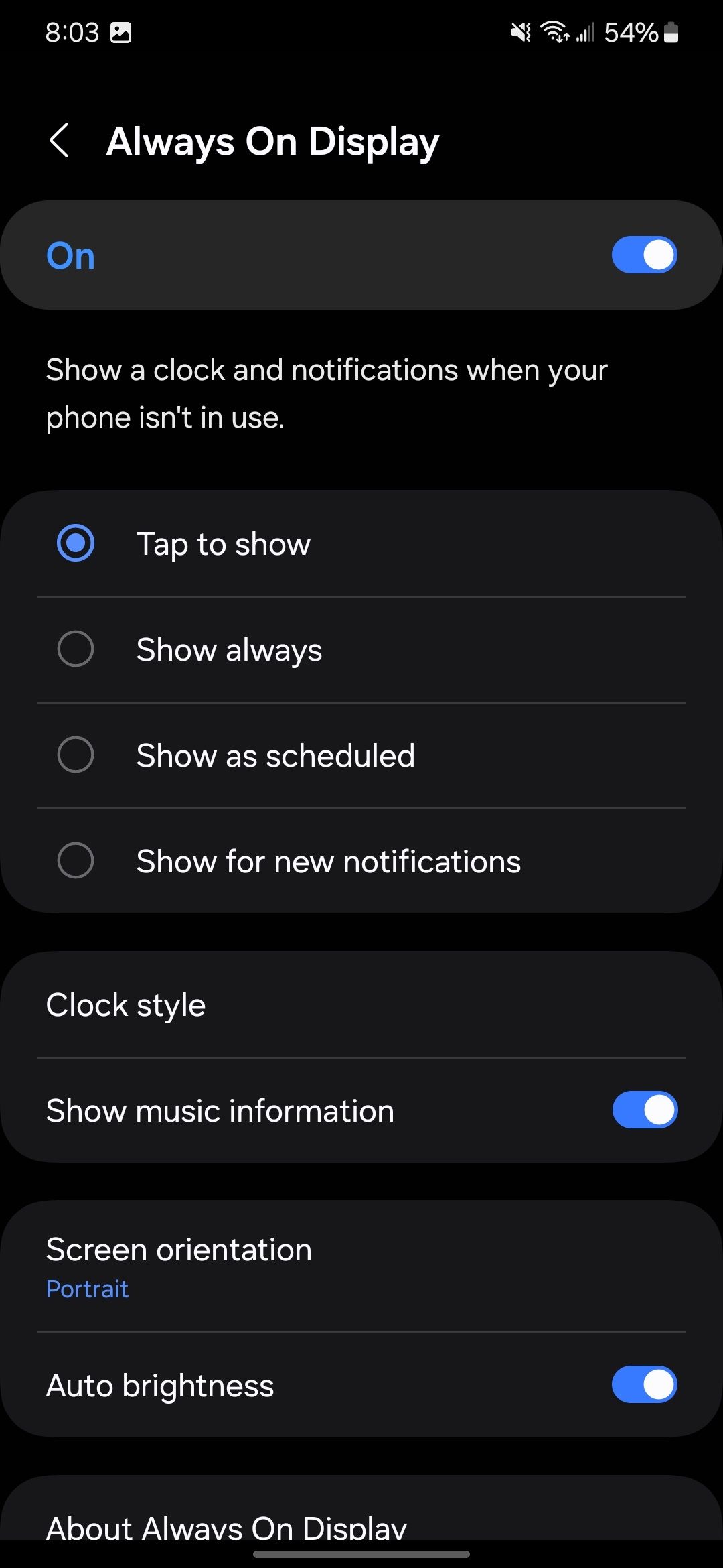 The Always On Display settings in the Samsung Settings app