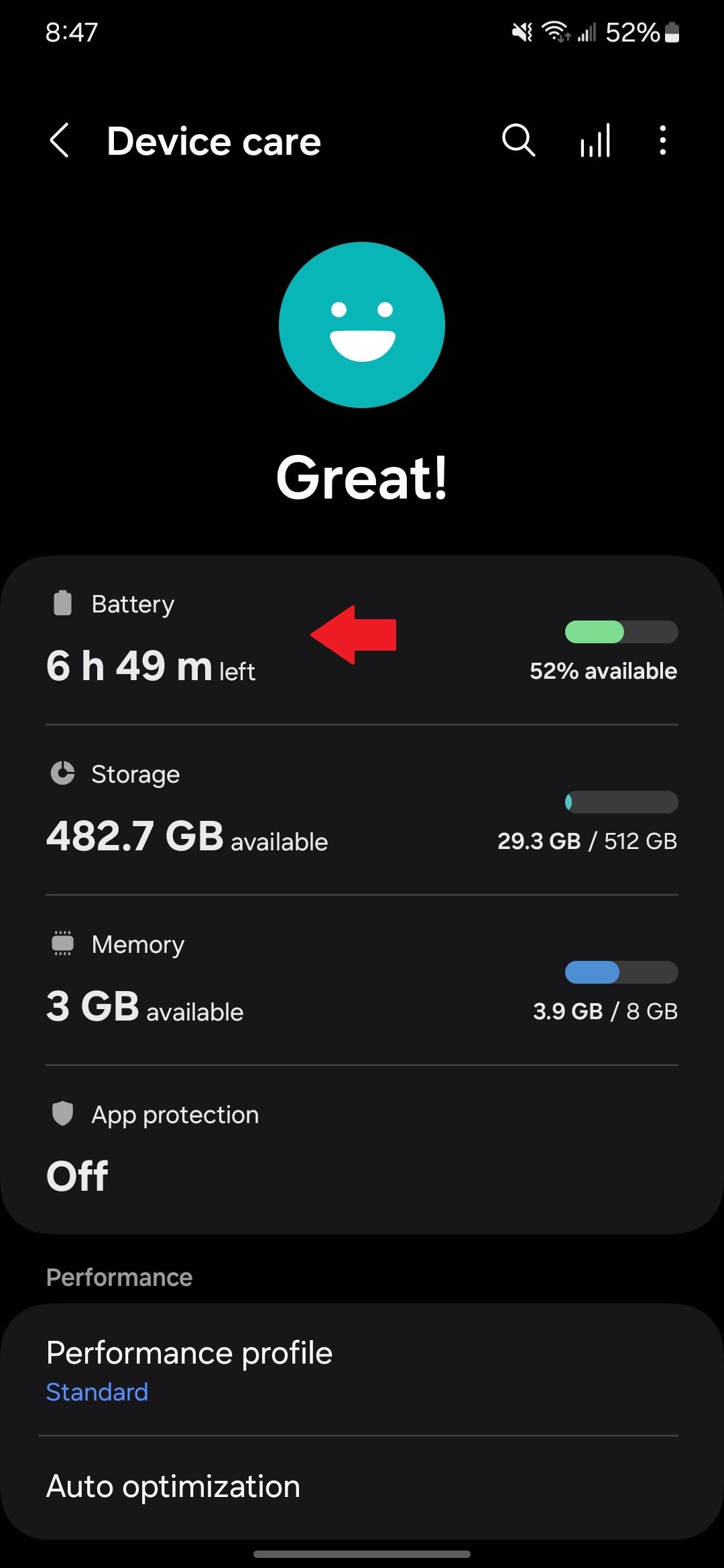 Samsung Device care settings in the Settings app with a red arrow pointing to the battery option