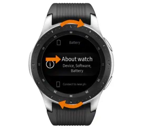 A photo of the Samsung Galaxy Watch with the bezel rotated to the About watch option