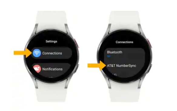 A pair of photos showing how to select AT&T's NumberSync on a Galaxy Watch