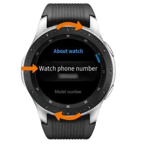 A photo of the Samsung Galaxy Watch with the Watch phone number option displayed