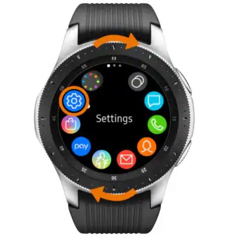 A photo showing the Samsung Galaxy Watch with the bezel rotated to Settings