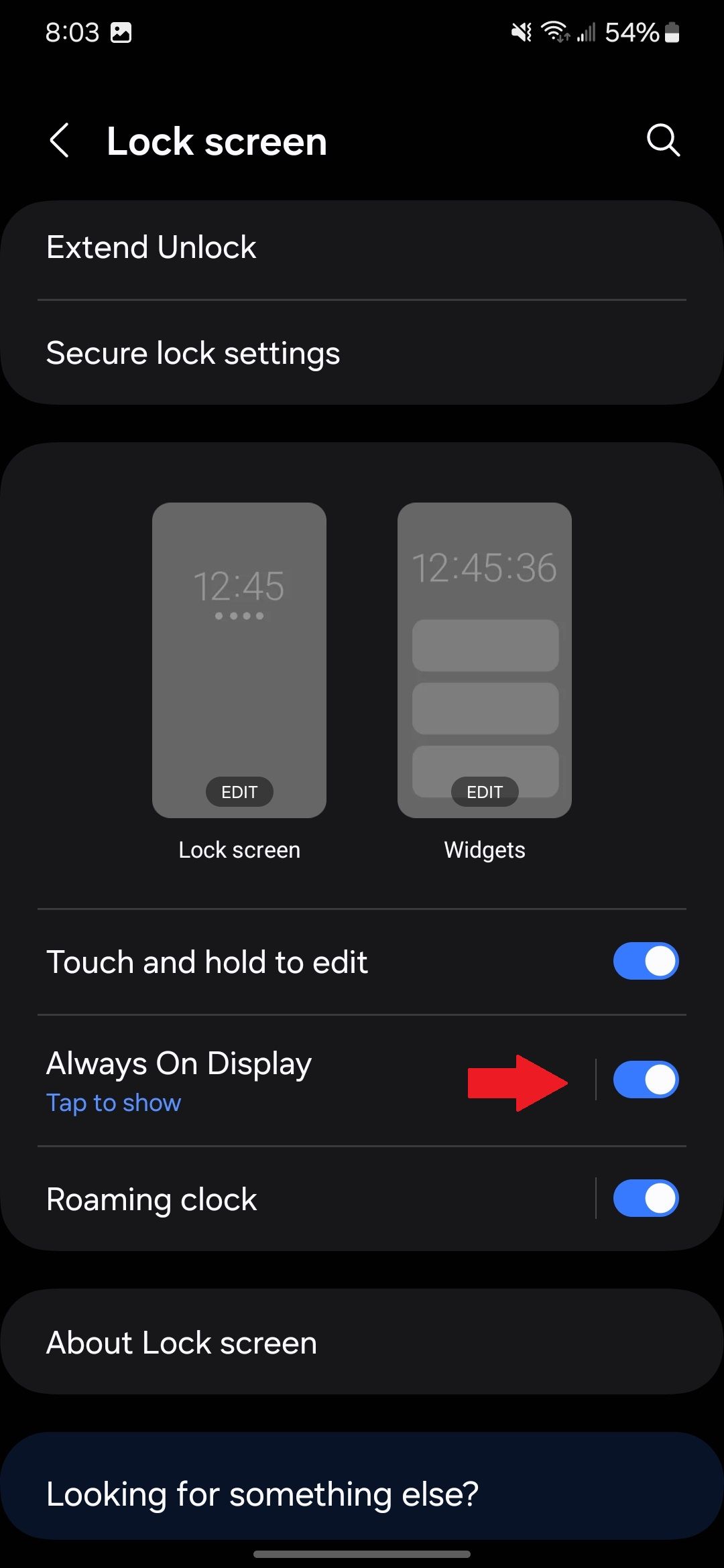 Lock Screen settings in the Samsung Settings app with a red arrow pointing to the Always On Display toggle