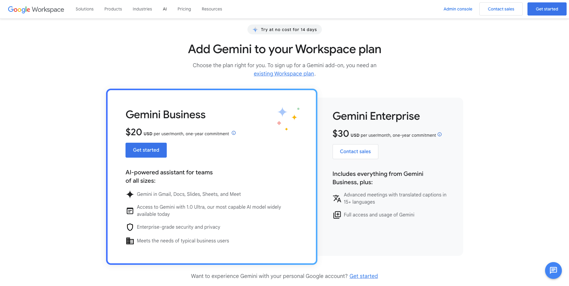 A screenshot of the Google Workspace website showing two pricing plans for an add-on called Gemini: "Gemini Business" and "Gemini Enterprise"