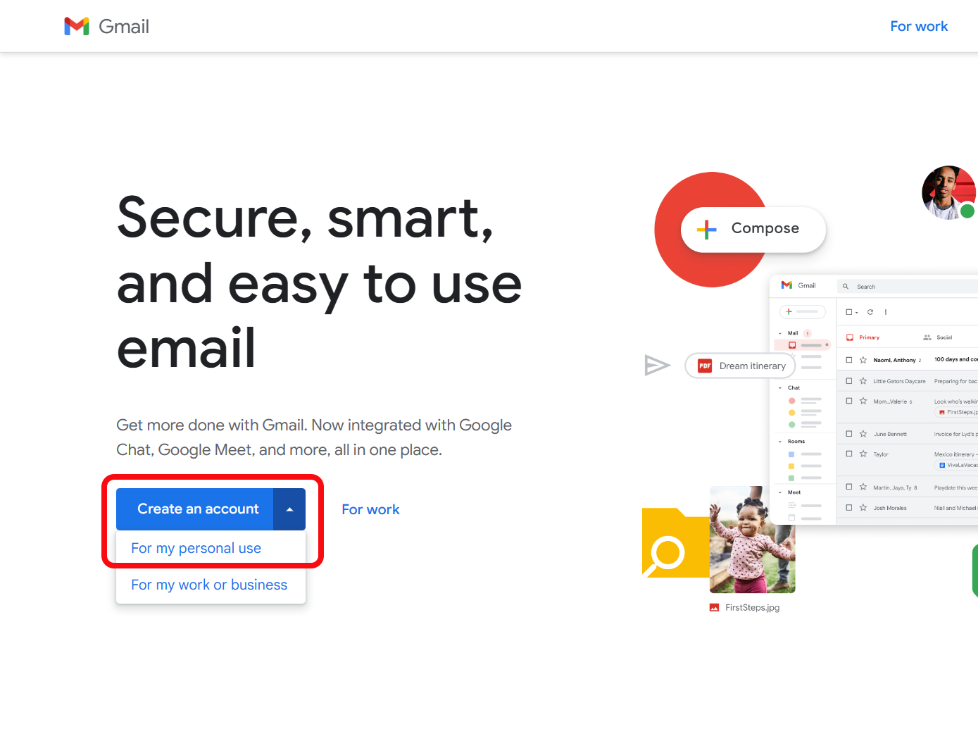 Creating a new account on the Gmail website