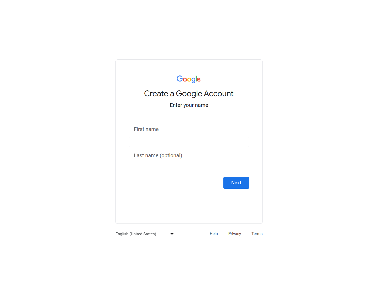 Entering your name for Gmail account creation
