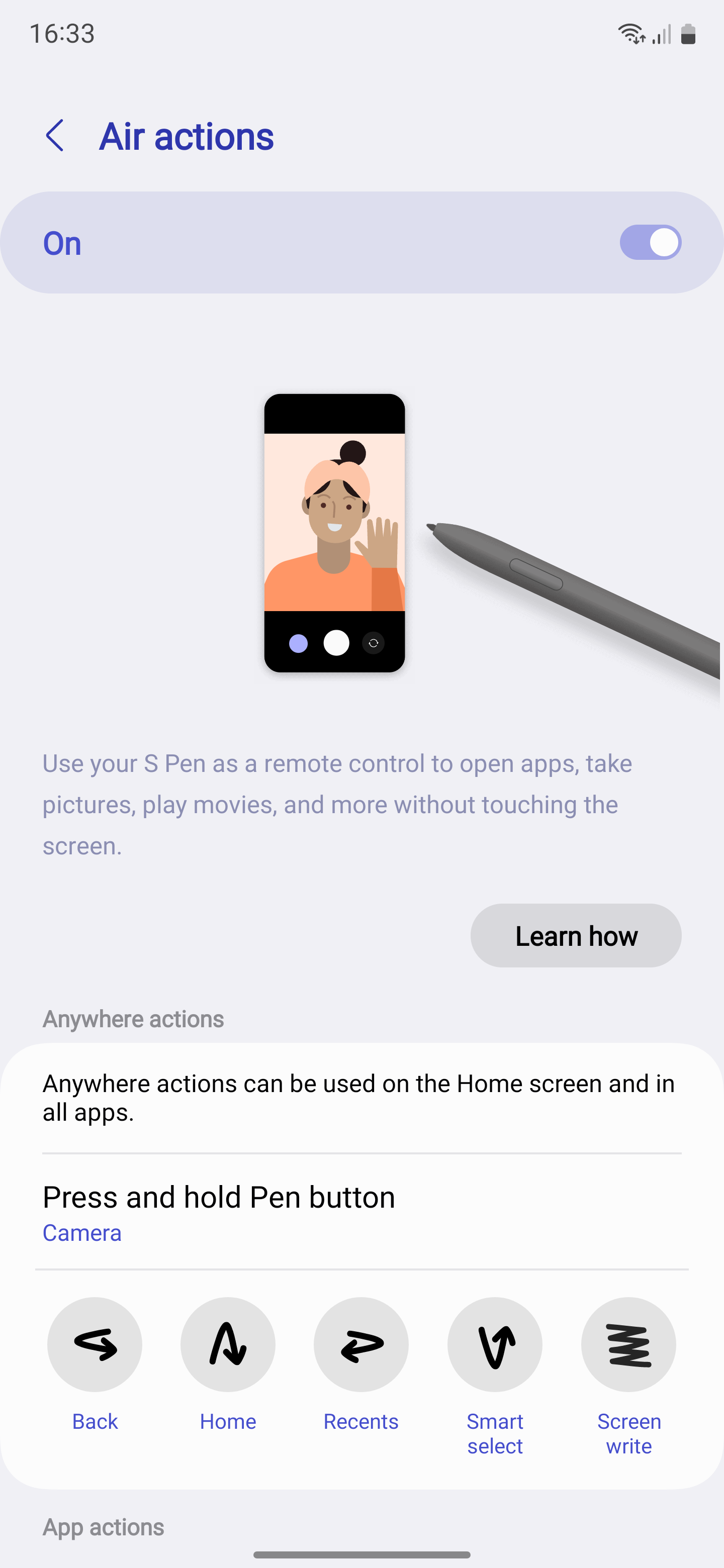 A photo of the S Pen Air Action menu