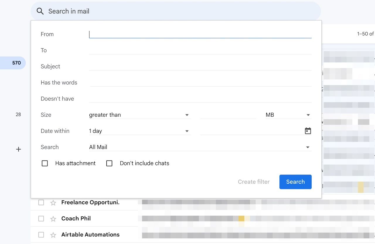 This is an example of the email search filter on Gmail's web app.