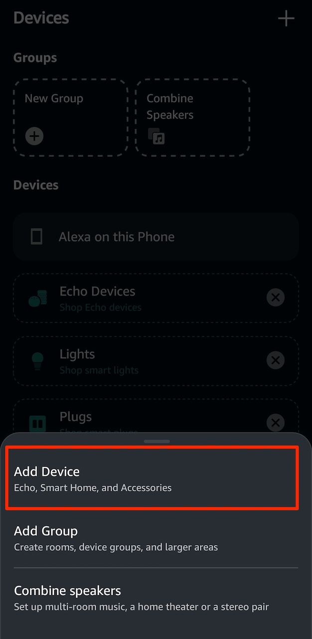 Selecting the Add device option in the Amazon Alexa app