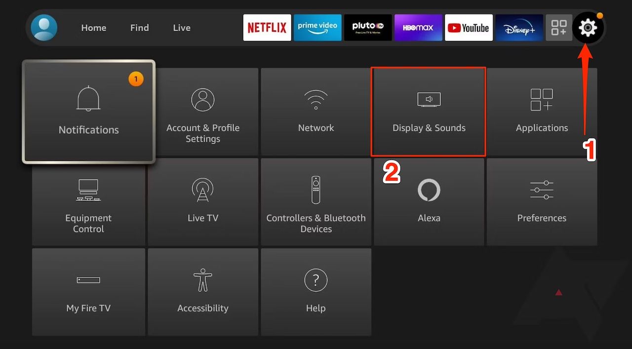 Selecting Display and Sounds option in the settings menu on Amazon Fire TV Stick