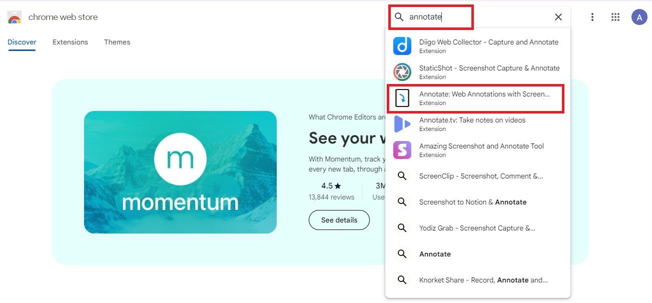 Screenshot highlighting the Annotate extension in the Google Chrome web store