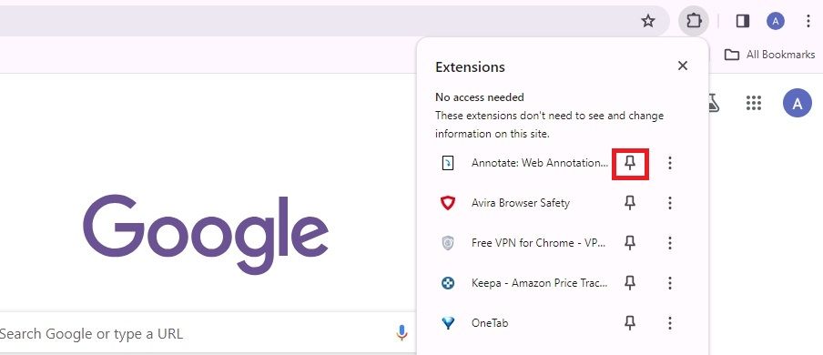 Screenshot highlighting the pin icon in Google Chrome