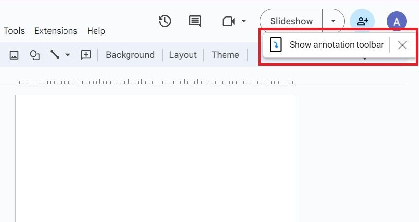 Screenshot highlighting 'Show annotation toolbar' in Google Slides