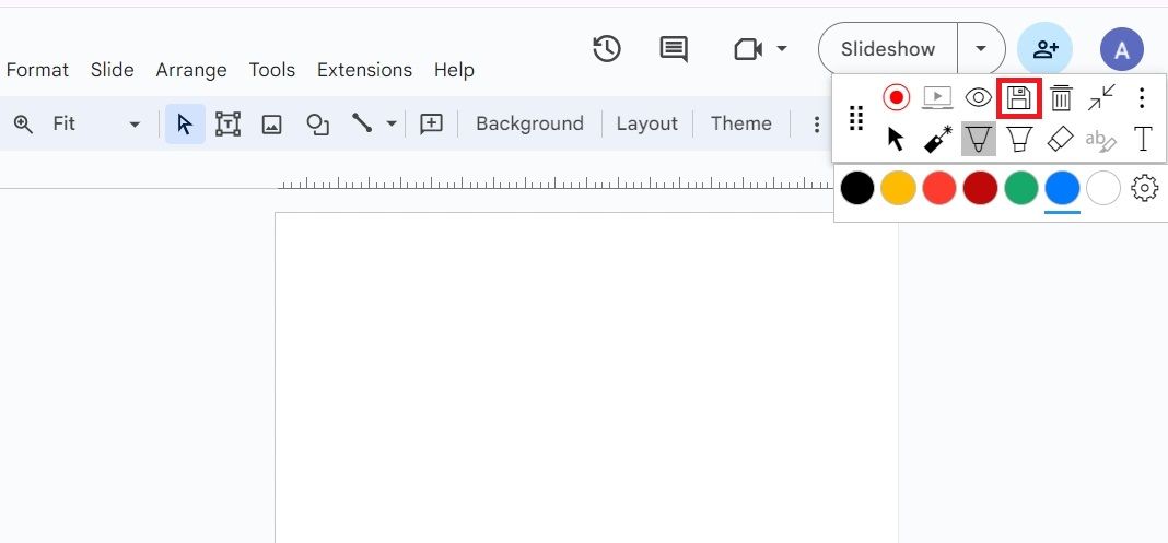 Screenshot highlighting the Save icon in Google Slides