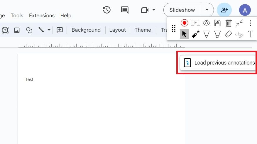 Screenshot highlighting 'Load previous annotations' in Google Slides