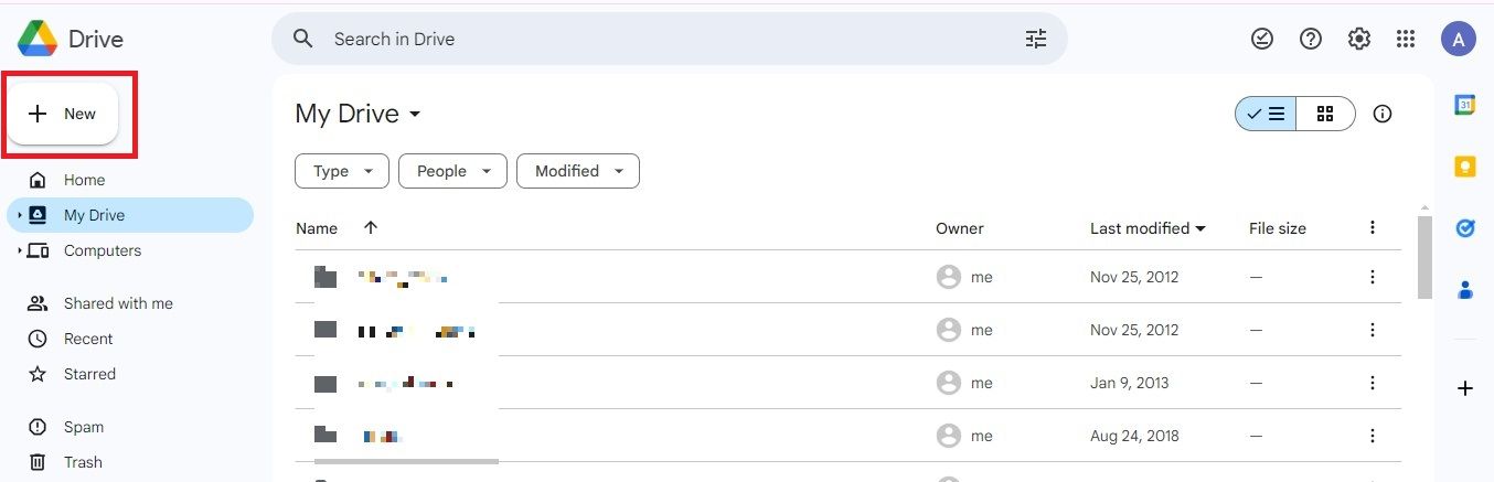 Screenshot highlighting the New option in Google Drive