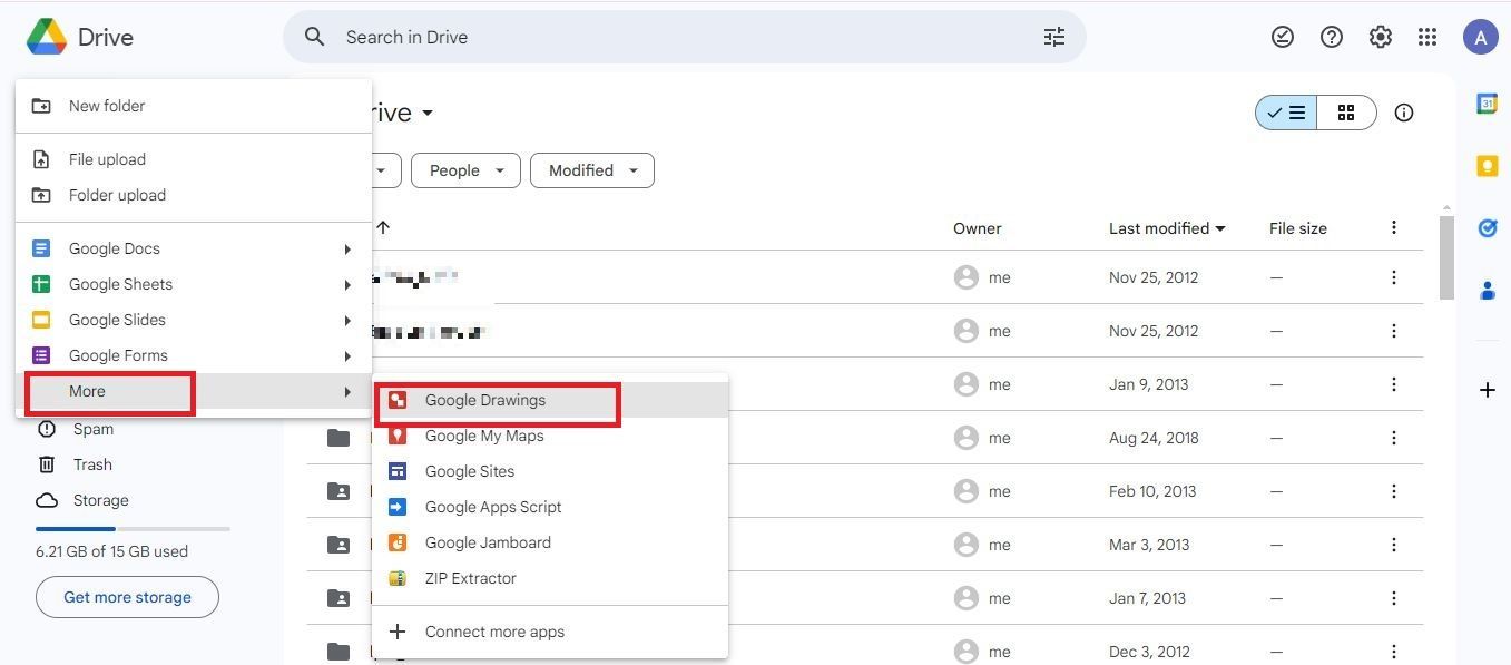 Screenshot highlighting the Google Drawings option in Google Drive