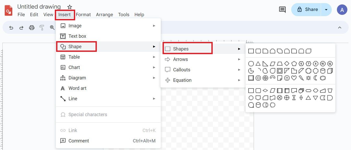 Screenshot highlighting the Shapes option in Google Drawings