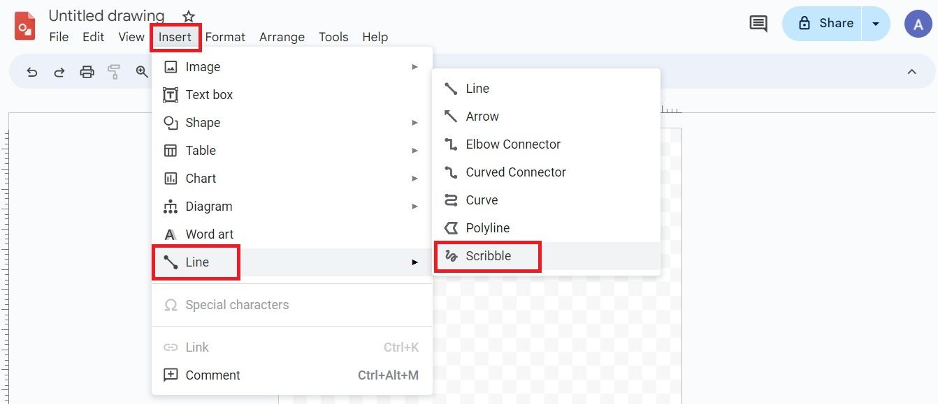 Screenshot highlighting the Scribble option in Google Drawings