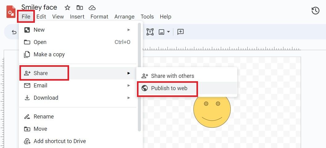 Screenshot highlighting the 'Publish to web' option in Google Drawings