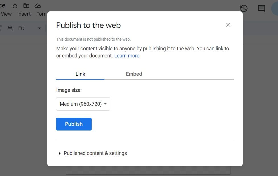 Screenshot showing the Publish option in Google Drawings