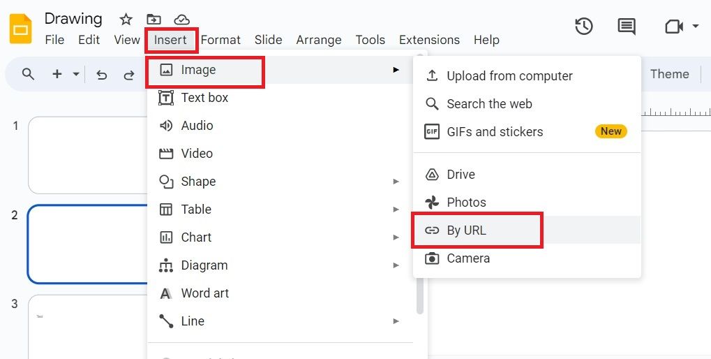 Screenshot highlighting the 'By URL' option in Google Drawings