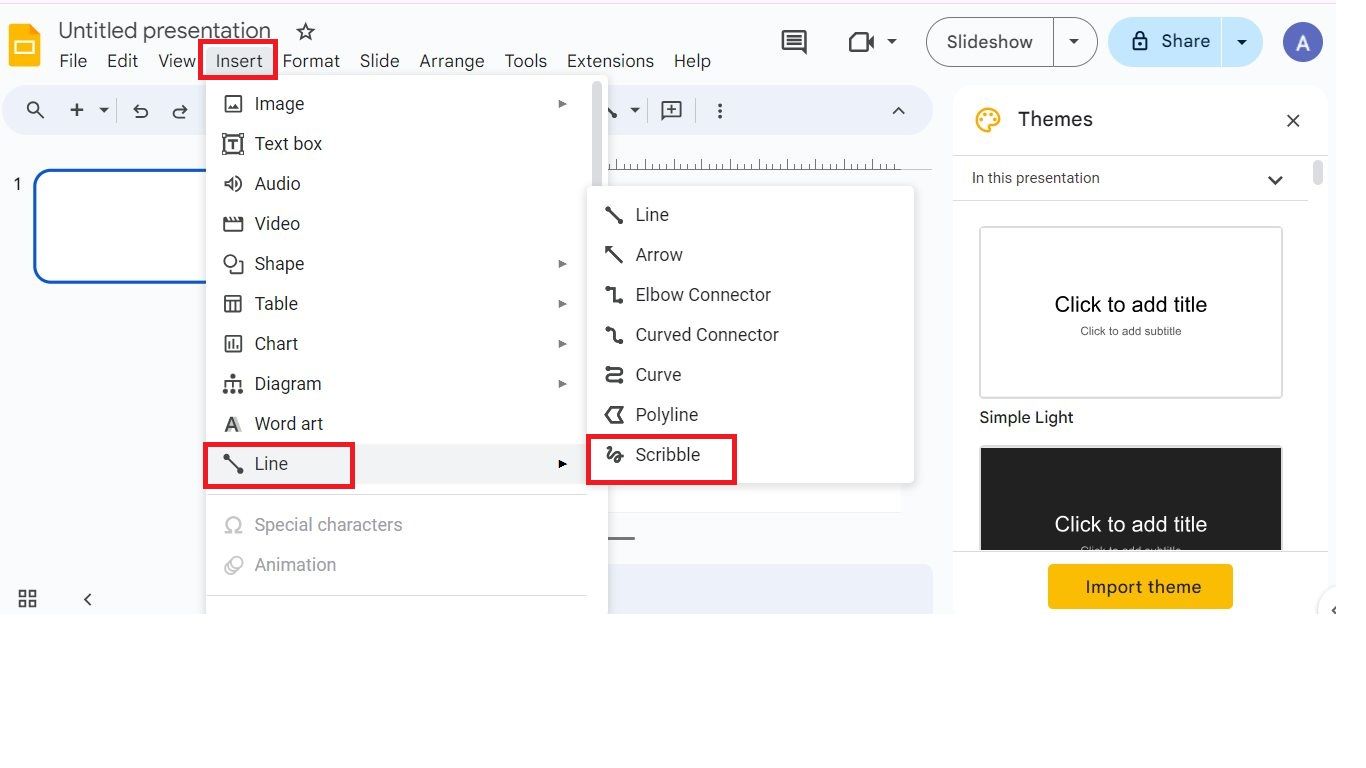 Screenshot highlighting the Scribble option in Google Slides