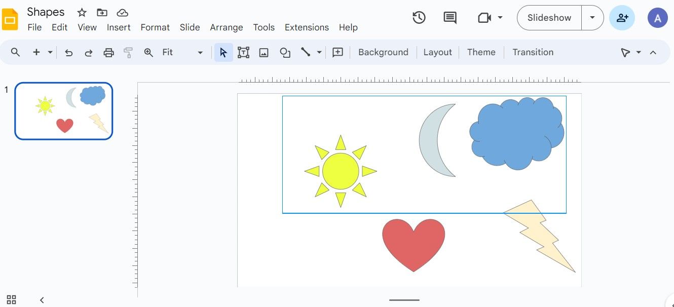 Screenshot showing the sun, moon, cloud, and lightning bolt within the rectangular selection